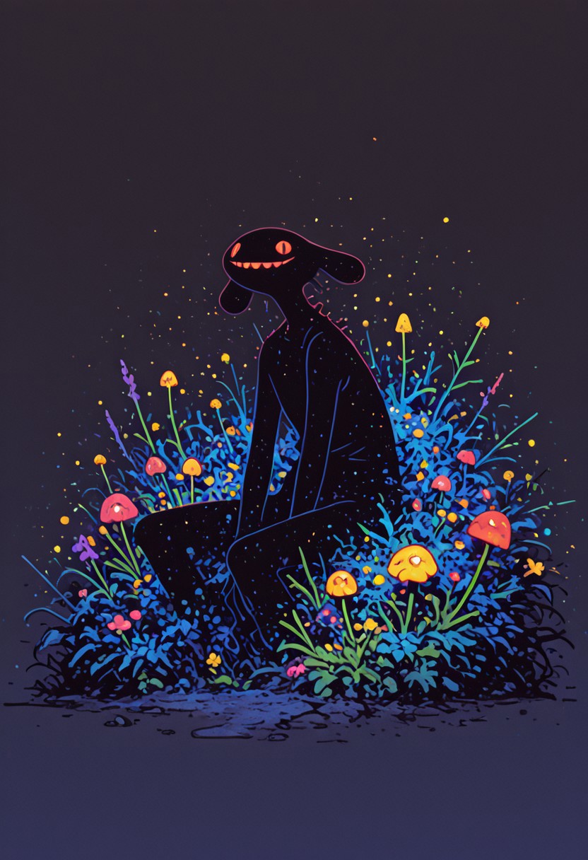 highres, very detailed, amazing quality, masterpiece,
very aesthetic, RBL-Illu, Flatline, Flat vector illustration,
particle effect, Cinematic, (dark space: 0.8), (flat lighting, flat color, flat design, no lineart:1),
a fat but happy bumblebee, grinning, sitting on a delicate flower