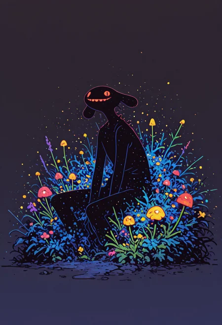 highres, very detailed, amazing quality, masterpiece,
very aesthetic, RBL-Illu, Flatline, Flat vector illustration,
particle effect, Cinematic, (dark space: 0.8), (flat lighting, flat color, flat design, no lineart:1),
a fat but happy bumblebee, grinning, sitting on a delicate flower