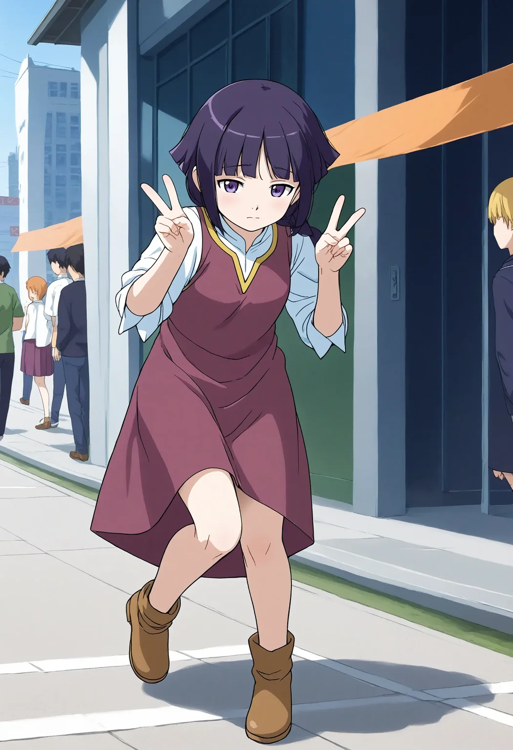 <lora:Hyper-SDXL-8steps-lora:1> <lora:Fixhands_anime_bdsqlsz_V1:1> zPDXL2, score_9, score_8_up, score_7_up, source_anime, intricate details, perfect anatomy BREAK
outdoors, city, tokyo, japan, audience, crowd, standing, double v, knees together feet apart, Sleepy, Drooping eyelids, half-closed eyes, and a slightly dazed expression., 1girl, solo, solo focus,
<lora:GAGE-yurin_leciel_XL(pony)v10:1> GAGE-yurin, purple hair, long single braid, purple eyes, GAGE-yurin outfit, purple dress, white sleeves, sleeves rolled up, purple skirt, brown shoes,