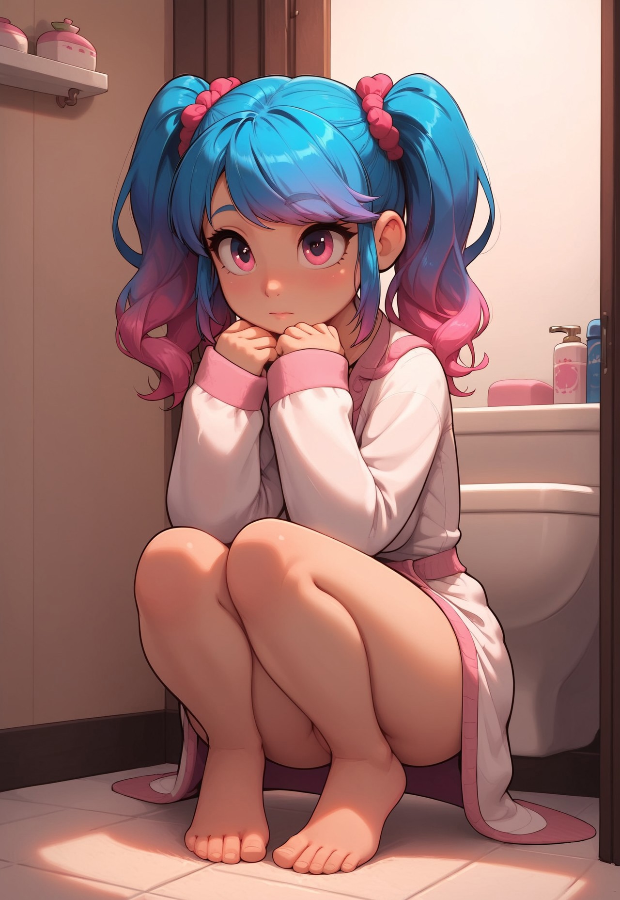 high detail, Smooth, sharp lines, score_9_up, score_8_up, uncensored, detailed, masterpiece, super cute style, 1girl, bathroom, squatting, sleeves past wrists, white bathrobes, barefoot, pink to blue gradient hair, pink eyes, pink hair, blue hair, twintails, neutral expression, closed mouth, eye_contact, hands on her knees
