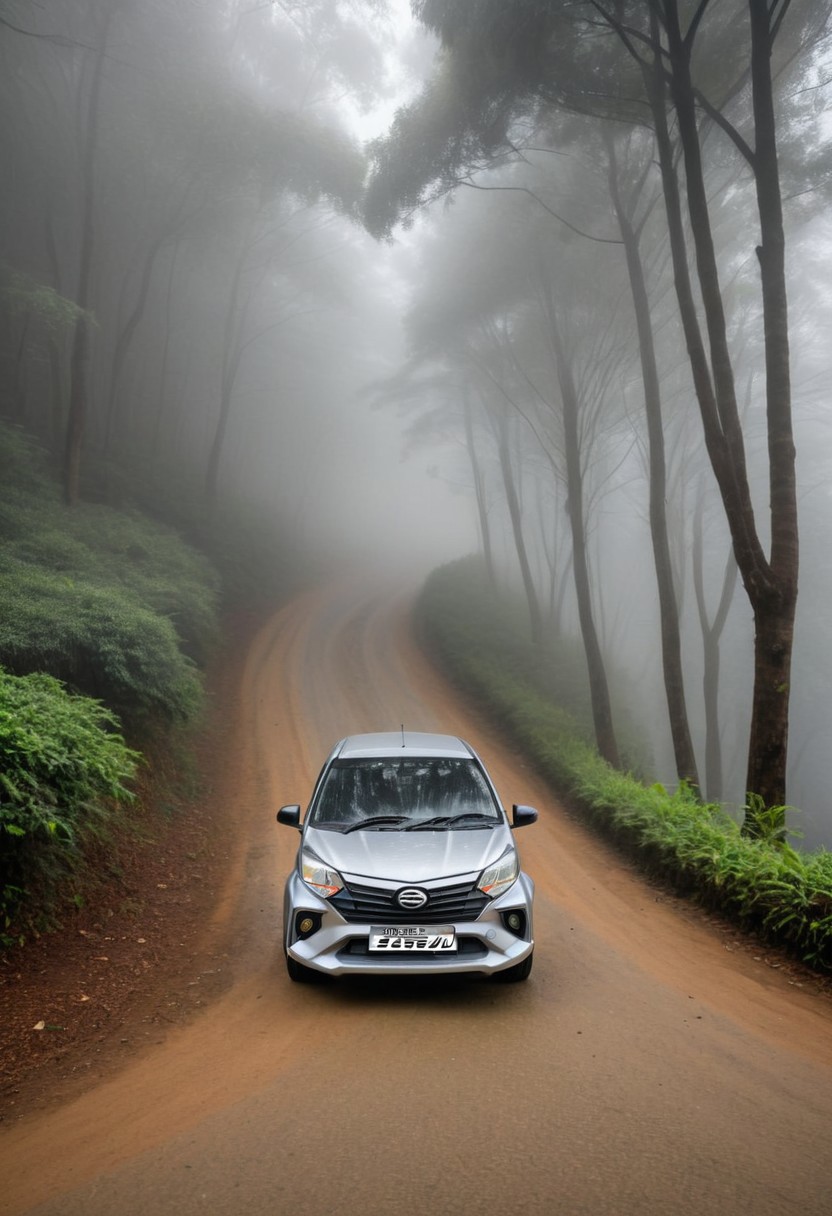 high resolution, best quality, Car, Daihatsu Sigra, Foggy morning, dense forest, winding path,