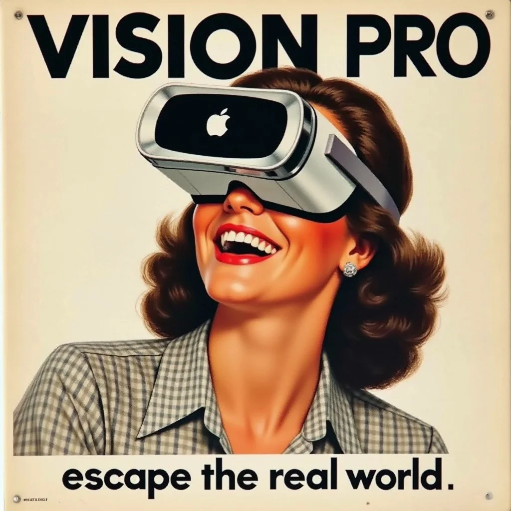 a vintage ad with a woman wearing a VR headset with an apple logo and laughing, vtgads; it reads "Vision Pro" on the top and "escape the real world" in the bottom