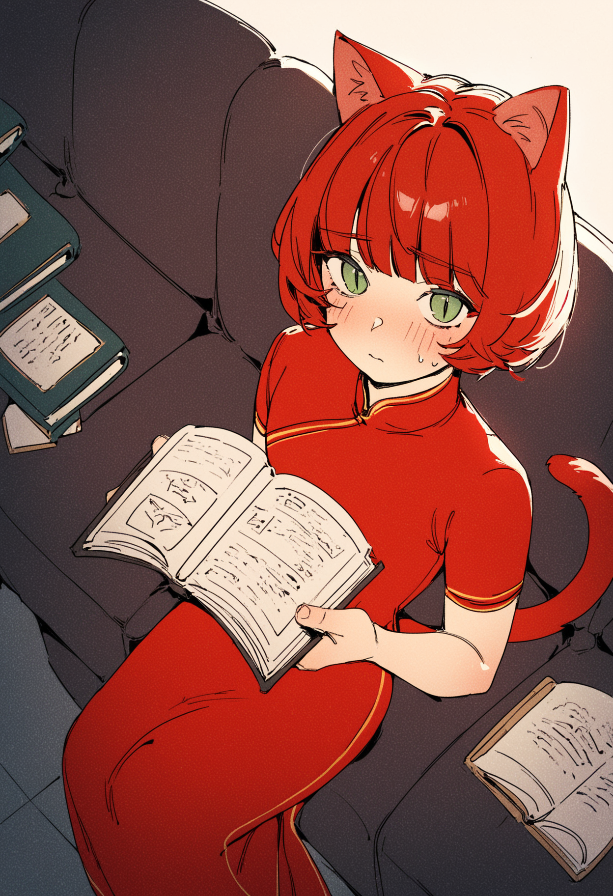 score_9, score_8_up, score_7_up,
1femboy, skinny, catboy, red tail, red cat ears, bob hair, red hair, green eyes, slit pupils,
chinese princess outfit, red dress, short sleeves, blushing, shy, long skirt, floral print, sitting, holding book, from above, looking at viewer,
 <lora:Popuka9-_style:1>, popuka9,