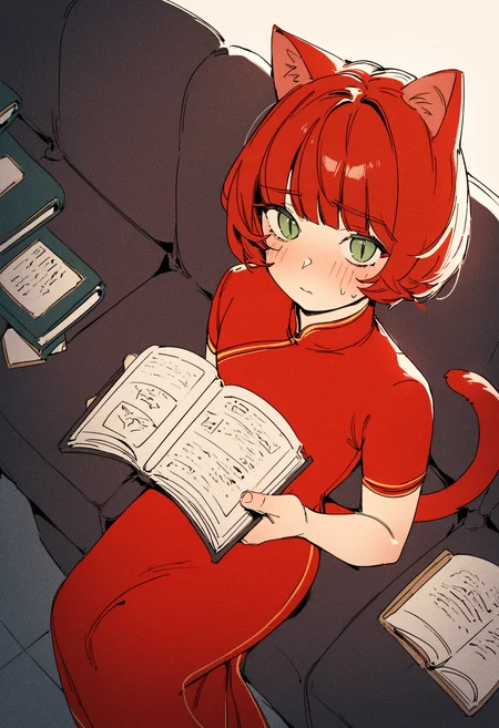 score_9, score_8_up, score_7_up,
1femboy, skinny, catboy, red tail, red cat ears, bob hair, red hair, green eyes, slit pupils,
chinese princess outfit, red dress, short sleeves, blushing, shy, long skirt, floral print, sitting, holding book, from above, looking at viewer,
<lora:Popuka9-_style:1>, popuka9,