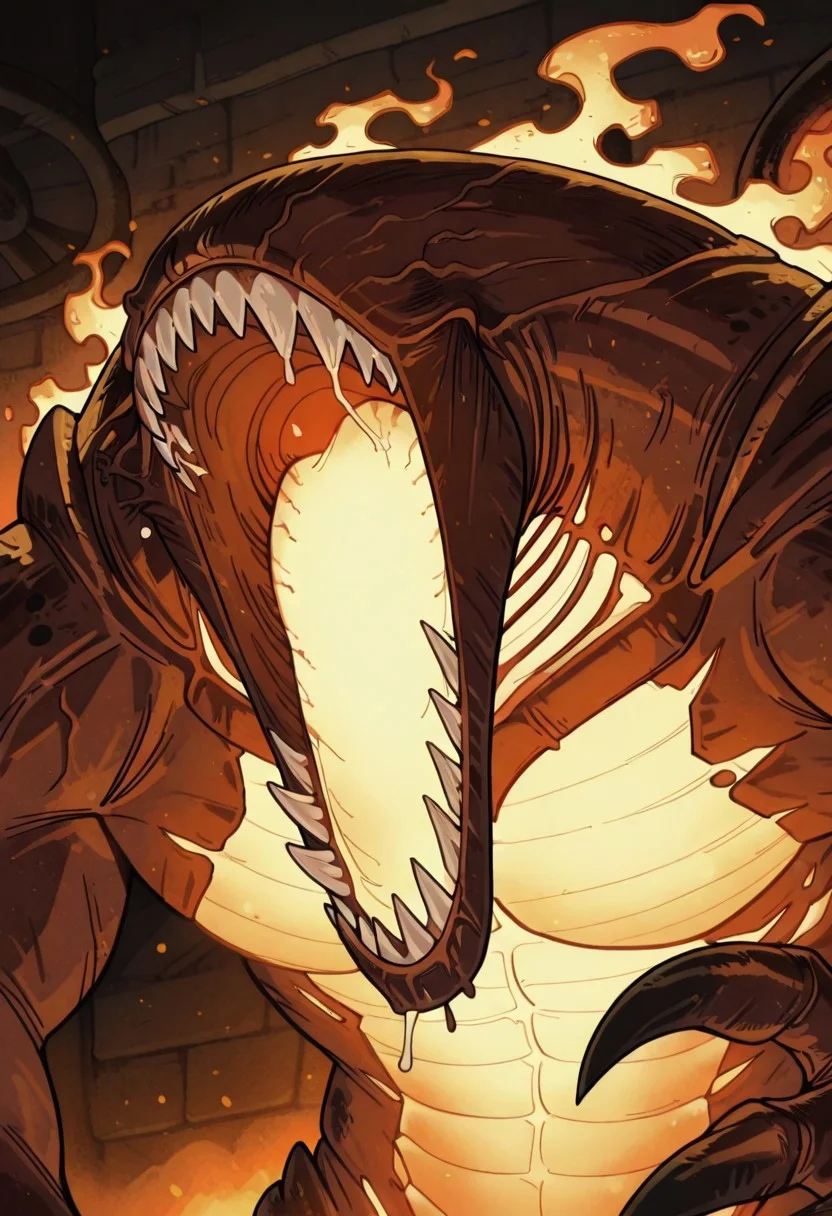 masterpiece, best quality, amazing quality, solo, UrabraskMTG, Exhaust Ports, phyrexian, armored skin, eyeless, monster, claws, no humans, glowing chest, heat, close-up, upper body, pectoral focus, one_piece_funny_face, snot, sharp teeth, eyes vein lines, open mouth,
