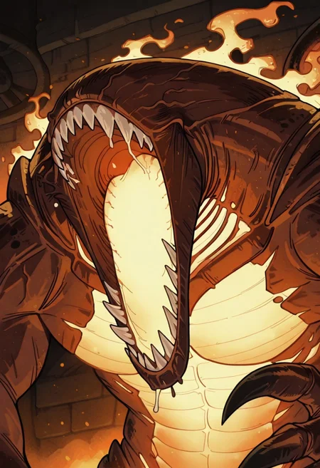 masterpiece, best quality, amazing quality, solo, UrabraskMTG, Exhaust Ports, phyrexian, armored skin, eyeless, monster, claws, no humans, glowing chest, heat, close-up, upper body, pectoral focus, one_piece_funny_face, snot, sharp teeth, eyes vein lines, open mouth,