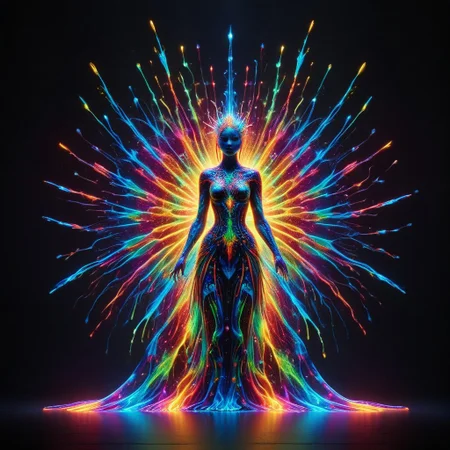 a full body fire entity with multicolored flames, professional photography of an fantastical warrior princess entirely made of cyberflies with whimsical elements, swirling magic, eerie fairytale landscape, elaborate fantasy style art, very colorful, intricate details, ultra sharp, exquisite detail, flawless composition, vivid colors, masterpiece, exciting background, TAS, TASvisuals, Psychedelic , Rave, Elaborate , Blacklight , Vibrant , cyberflies, black light paint, blp, Colorful Chaos Cracks and Drops, mad-glowtiedye, made out of,colorful,liquid,Murano Art Glass