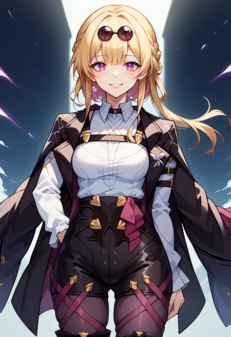 score_9, score_7_up, source_anime, solo, come hither, smile, cowboy shot, BREAK <lora:clamKafkaPDXL:1> clamKafka, eyewear on head, black jacket, white shirt, black shorts, purple pantyhose, boots <lora:mxmarina:1> mxmarina, french braid, half updo, Hair ribbon,