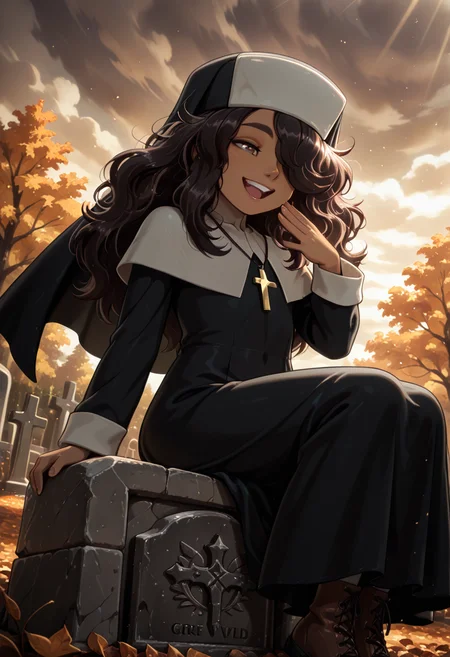 masterpiece, best quality, 32k, high resolution, absurdres
1girl, solo, Carlini, dark skin, brown hair, long hair, hair over one eye, brown eyes
habit, nun , nun dress, cross necklace,
dynamic pose, sitting, on the gravestone, laughing, open mouth,
outdoors, graveyard, old graves, old tombstones, stone wall around, autumn, old small church in background, cloudy
light particles, dynamic angle, cinematic angle, various angles, detailed background, beautiful background, (rays light:1.0),(grow:1.0) vivid colors, shiny and glossy, anime style, high-res, beautiful aesthetic, very intricate, high-quality details, vibrant,
<lora:add-detail-xl:1.10> <lora:spo_sdxl_10ep_4k-data_lora_webui:0.95> <lora:noobai_ep11_stabilizer_v0.138_fp16:0.6> <lora:StS-Illustrious-Detail-Slider-v1.0:1.10> <lora:cfg_scale_boost:0.95> <lora:nyalia:0.20> <lora:carlini_illustrious:0.8>