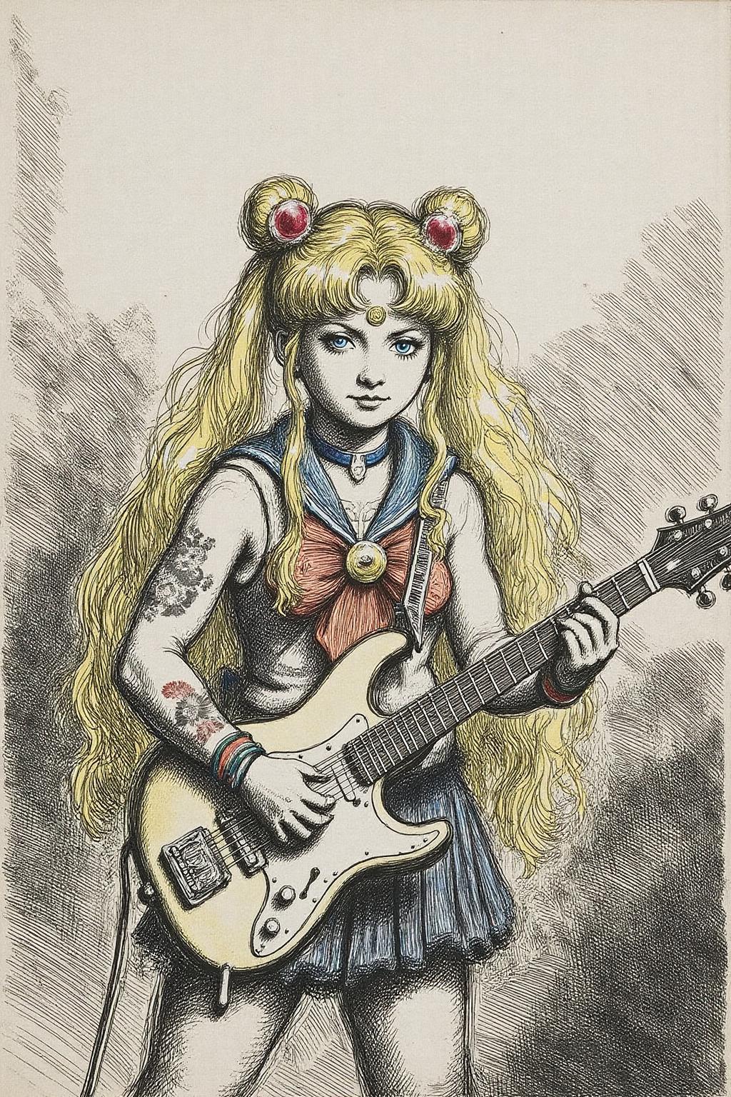 rembr1 etching of punk sailor moon playing a guitar at a heavy metal mosh pit, tattoos, pearcing.  <lora:rembr_etch4_cap_d6a3e11:1.0><lora:810538033586889970:0>