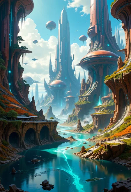 a canal running through a futuristic sci-fi cityscape, towers and skyscrapers, domes, aircraft, people