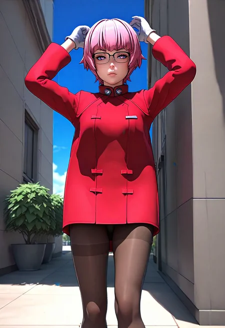 <lora:sdxl_lightning_8step_lora:1> <lora:Fixhands_anime_bdsqlsz_V1:1>score_9, score_8_up, score_7_up, source_anime, intricate details, perfect anatomy BREAK
1girl, solo, gis-esakipurin, pink hair, short hair, purple eyes, black-framed eyewear, red coat, white gloves, gis-esakipurin outfit, brown pantyhose, black boots,
upskirt, arms up, Sleepy, Drooping eyelids, half-closed eyes, and a slightly dazed expression., outdoors,
<lora:gis-esakipurin_XL(pony)fix:0.9>