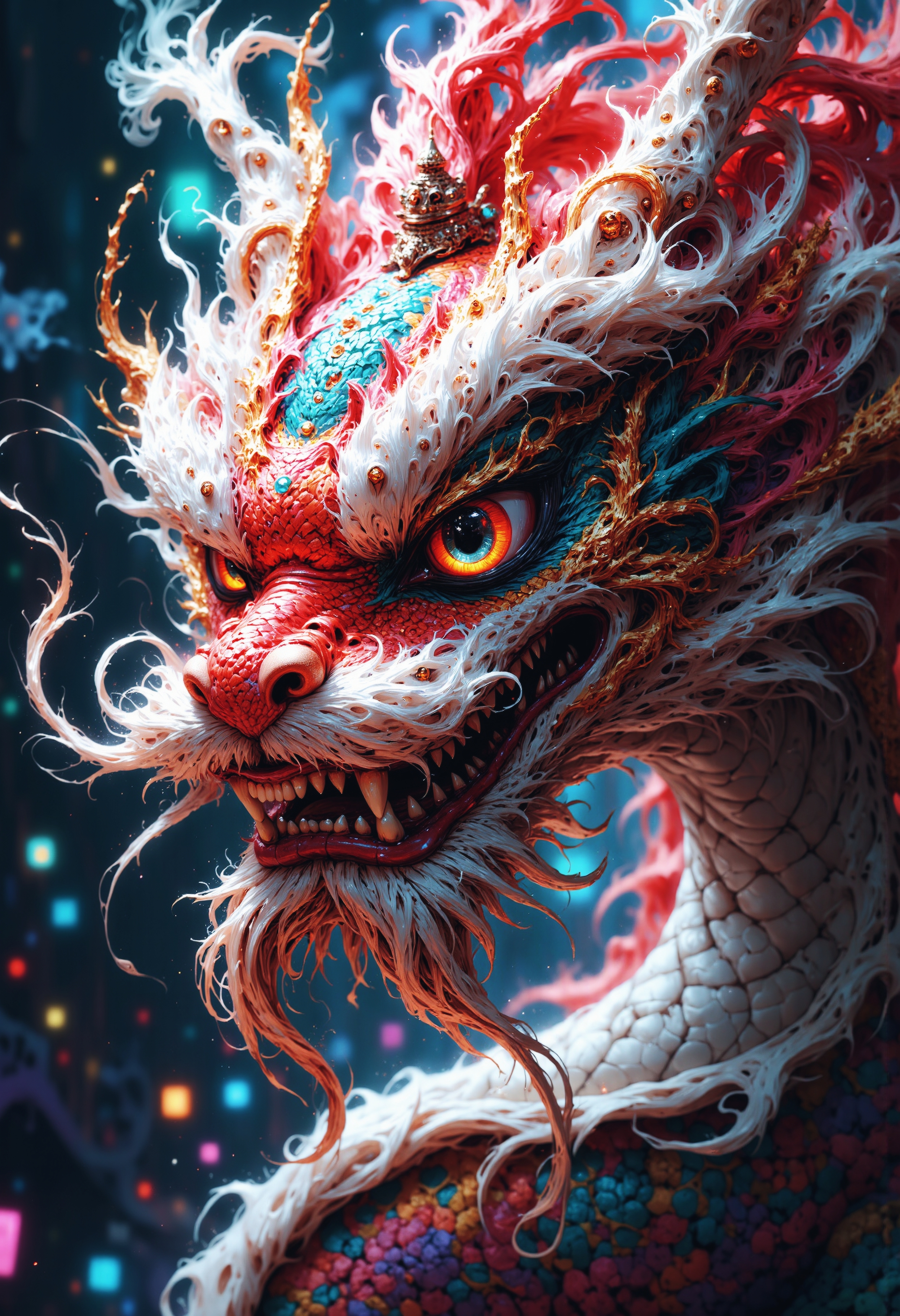 Closeup shot of a very cute chinese dragon, big rainbow eyes, long mustache, white scales, a top angle shot.
Long Mustache moving with the wind.
Cinematic style, Realism, Photorealism, Chiaroscuro, High quality, perfection style, super closeup. (photography, high-resolution, dynamic, energetic,hyper-realistic, dramatic lighting, A clouds on the background. sakura Flowers, and colorful smoke.