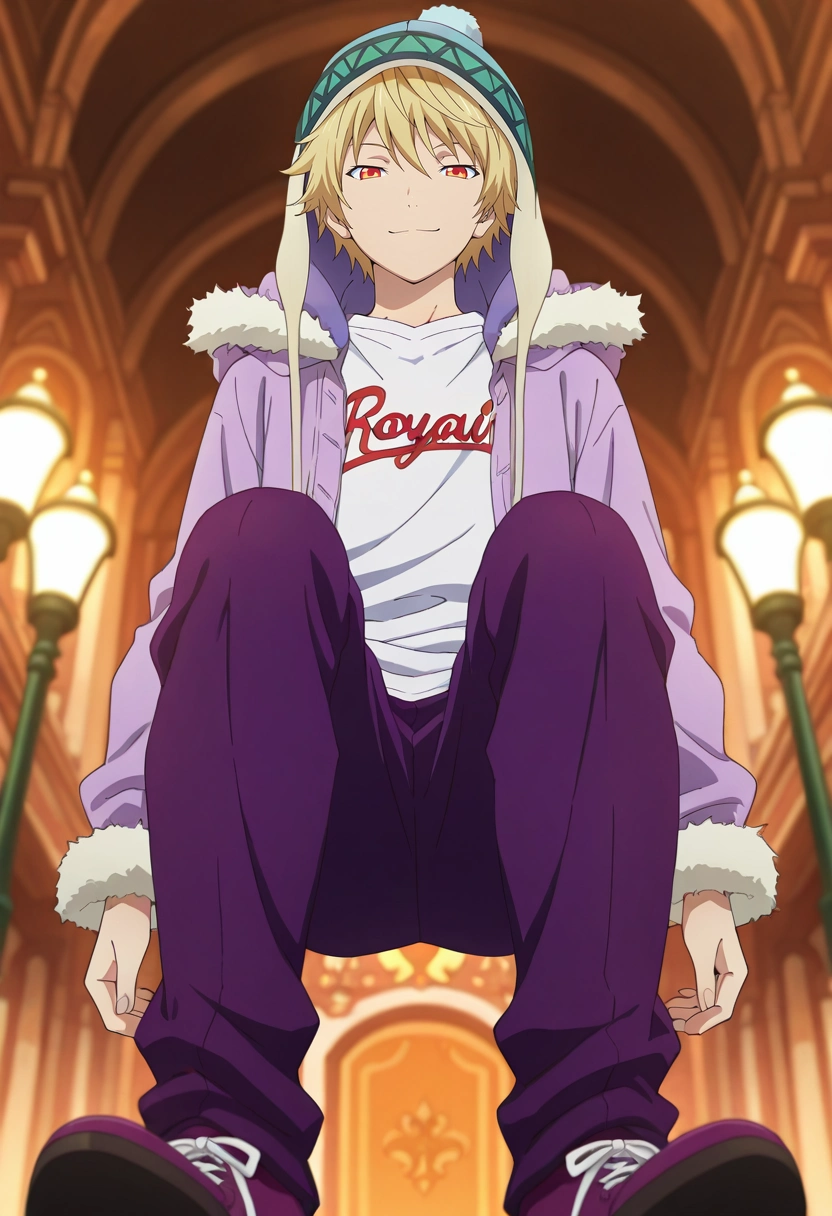masterpiece, best quality, intricate details, anime screencap, anime coloring, official style, looking at viewer, 1boy, solo, male focus, <lora:yukine_noragami_ilxl:0.92>, yukine_noragami, blonde hair, red eyes, orange eyes, hood, fur trim, hat, from below, disneyland, light, arms at sides, half-closed eyes, smile, Twill RoyalPurple Convertible pants, Baseball shirt, Cap-toe shoes, ,