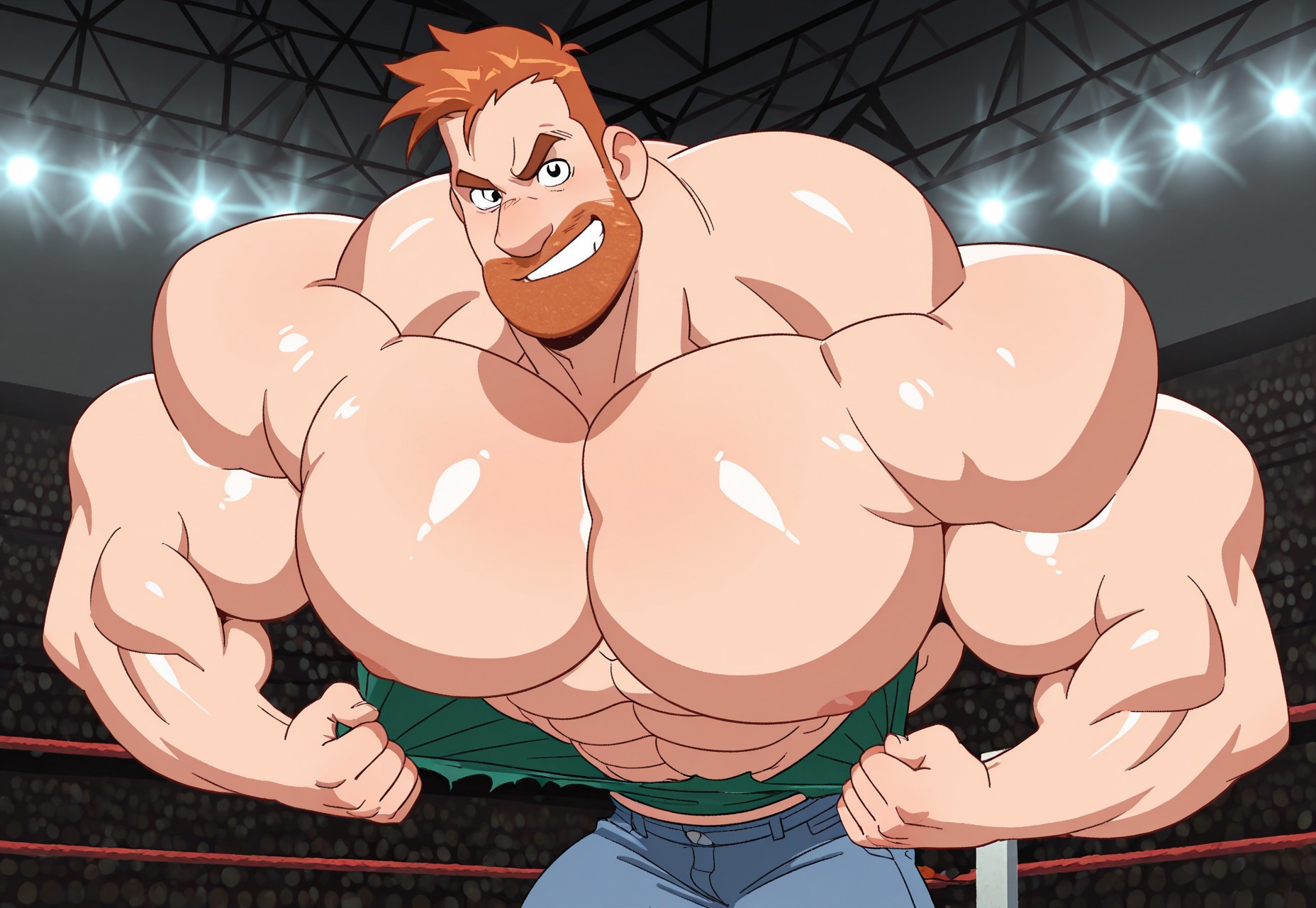 masterpiece, best quality, amazing quality, detailed background, intricate details, dynamic, cinematic, cartoon, anime, cartoon shading, solo, male focus, source_anime,high resolution, newest, depth of field, bara, yaoi, perfect face, 1boy, p3te, muscular male, large pectorals, ginger hair, black eyes, beard, jeans, dark navy shoes, looking at viewer, dark green sweater, torn clothes, pulling clothes, exposed chest, Hyper massive shoulders, hyper pecs, hyper arm muscles, hyper trapezius, hyper neck muscles, cartoon, 2d,  cartoon, cartoon source, cartoon style, 