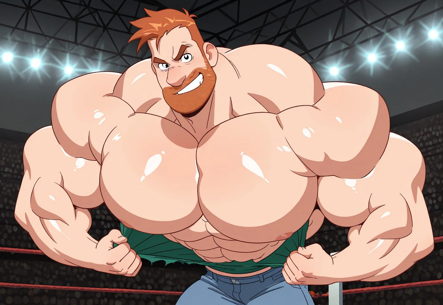 masterpiece, best quality, amazing quality, detailed background, intricate details, dynamic, cinematic, cartoon, anime, cartoon shading, solo, male focus, source_anime,high resolution, newest, depth of field, bara, yaoi, perfect face, 1boy, p3te, muscular male, large pectorals, ginger hair, black eyes, beard, jeans, dark navy shoes, looking at viewer, dark green sweater, torn clothes, pulling clothes, exposed chest, Hyper massive shoulders, hyper pecs, hyper arm muscles, hyper trapezius, hyper neck muscles, cartoon, 2d,  cartoon, cartoon source, cartoon style, 
