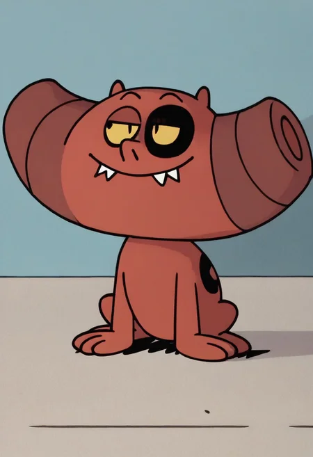 (score_9 | score_8_up | score_7_up) ((masterpiece:1))(best quality,very high quality,ultra detailed:1.2) (2D,cartoon style,anime style)(Smooth:2)(clean blurring) (four fingers on each hand,one thumb on each hand:1), charles, dog, all fours, black spot on left eye, impish, demon, red skin, small pointed nose, pointed tail, yellow eyes, slit pupils, two small horns, two large curved horns on sides of her head, pair of deformed fangs, smug, full body