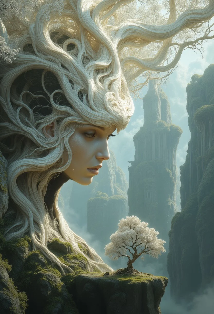 A surreal portrait of a tree goddess emerging from an ancient monolith of twisted roots and gnarled branches. Her face has high cheekbones, smooth porcelain-like skin with a soft glow, and pale, half-lidded eyes. Her long lashes and delicately arched eyebrows frame her serene expression.
Her hair seamlessly transitions into the white birch tree itself, forming a complex crown of white, intertwining branches that stretch upward. The branches have a polished, bone-like texture, curling and twisting into organic patterns. Her body is partially wrapped in bark-like tendrils that spiral around her torso, forming an intricate natural gown that blends into her surroundings.
Below her, a massive, weathered white birch tree trunk extends downward, with thick, gnarled roots twisting into the mist-covered ground. Small, bonsai-like trees sprout from rocky outcroppings embedded within the root system, their tiny leaves adding contrast against the pale landscape.
A dense mist blankets the lower part of the scene, partially obscuring the roots and drifting through the air. In the background, enormous ancient trees with skeletal branches rise through the fog, their silhouettes fading into the distance. The entire image is enveloped in a muted, desaturated color palette of soft whites, cool grays, and subtle earthy greens.
The composition presents her as seamlessly integrated with the massive tree, appearing both as a living figure and an extension of the forest itself.