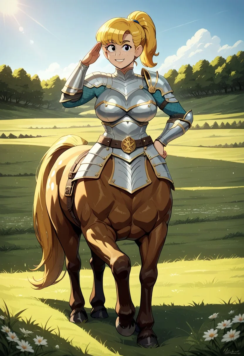 (score_9, score_8_up, score_7_up)(5 fingers,detailed hands:1) (masterpiece, best quality, very high quality, ultra detailed: 1.2) (2D,source_anime)(solo,alone,one character)
(front view,full body view)
(outdoors,grass field,sunlight,natural lighting) 
(Standing on floor,salute pose,one hand on hip,looking at viewer,smile)
(lifting hoof)
(centaur,horse legs:1.3)(mature female)
(Plate_armor:1)
(helmet,shoulder pads,gauntlet,leather belt)
(female:1)
(blonde hair,freckles,ponytail,pale skin,black eyes,cartoon eyes)(short tail)
(big breasts,thin arms,small waist,big hips,huge thighs,thick thighs,huge butt)