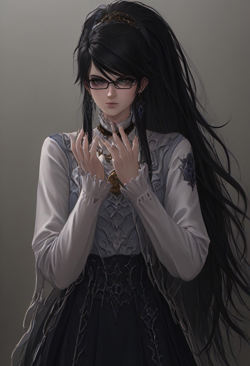 ,score_9, score_8_up, score_7_up,<lora:brawl_style_1_2_R:0.8>, 1girl, brawl, bayonetta 2, Black Hair, Very Long Hair, Epic Hair, Big Hair, Wavy Hair, Ponytail, Dual Bun, Brawl Stars Style, Blue Triangle Earrings, Gray Eyes, White Long Gloves, Long Sleeves, Black Skirt, Eyeglasses, Half Body, {{Sakimichan Style}}, source_anime