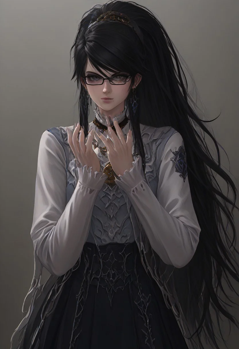 ,score_9, score_8_up, score_7_up,<lora:brawl_style_1_2_R:0.8>, 1girl, brawl, bayonetta 2, Black Hair, Very Long Hair, Epic Hair, Big Hair, Wavy Hair, Ponytail, Dual Bun, Brawl Stars Style, Blue Triangle Earrings, Gray Eyes, White Long Gloves, Long Sleeves, Black Skirt, Eyeglasses, Half Body, {{Sakimichan Style}}, source_anime