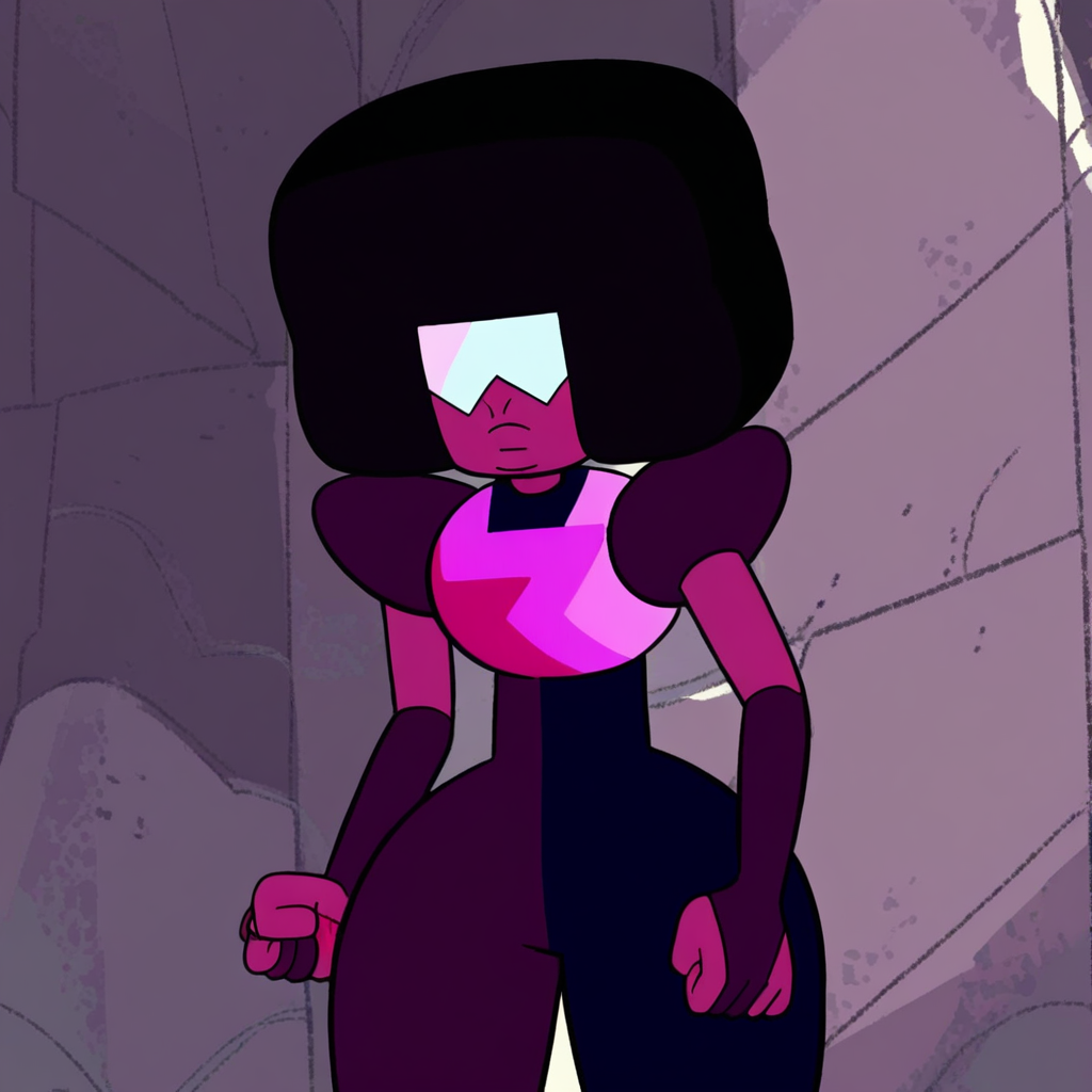 1girl, solo, magneta skinned female, cube-shaped afro, dark one finger gloves, mix colored bodysuit