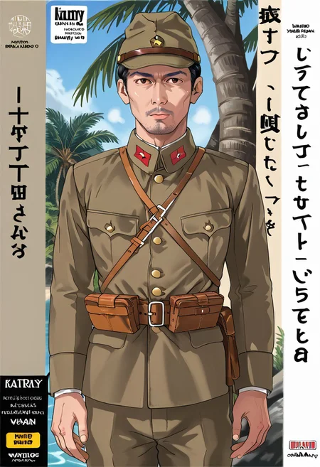 safe_pos, (Aaaild, Aaadjd, manga cover, magazine cover, text) source_anime, safe_pos, perfect anatomy, perfect proportions, best quality, masterpiece, high_resolution, high quality, (solo focus, male focus, male only, bara, gay, homo, mature, masculine, manly, virile, macho, hunky, rugged, middle-age, daddy, dilf, handsome), alluring, seductive, heroic, serious, grim, stern, unsociability, bluntness, gruffness, naughty face, moaning, dazed, looking away, focusing gaze, BREAK (asian man, dark eyes, black hair, sideburns, facial hair, stubble, beard), BREAK (IJA Showa, IJA soldier, khaki uniform, khaki clothes, khaki field cap, hat, pouch, khaki pants), BREAK cowboy shot, upperbody, standing, contemplative expression, horny, kinky, domination, heavy breathing, enticed, excessively sweaty shiny skin, shading, countershading, outdoor, dark atmosphere, nature, tropical jungle, wetland, trees