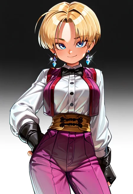(eyesHD, detailed eyesdetailed eyes, beautiful eyes, high definition eyes), by wamudraws), masterpiece, best quality, amazing quality, very aesthetic, absurdres, gradient background, backlighting, shadow, shaded, 1girl, King, solo, gloves, fingerless_gloves, blue_eyes, short_hair, bow, bowtie, shirt, blonde_hair, black_bow, looking_at_viewer, hand_on_hip, pants, white_shirt, smile, transparent_background, long_sleeves, closed_mouth, high-waist_pants, black_bowtie, black_gloves, sash, collared_shirt, vest, purple_pants, buttons, cowboy_shot, bangs, parted_bangs, breasts, standing, medium_breasts, earrings, contrapposto, clenched_hand, dress_shirt, jewelry, simple_background
<lora:DetailedEyes_V3:3>, <lora:illustrious_quality_modifiers_masterpieces_v1:1>,