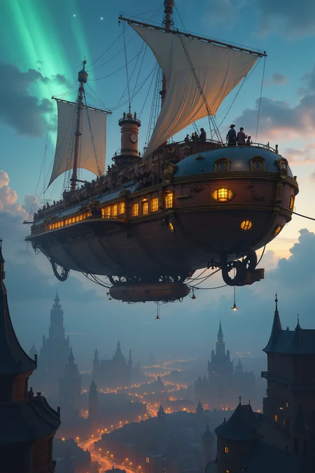 A breathtaking steampunk airship soaring through a twilight sky. The ship is an intricate blend of Victorian elegance and futuristic technology, adorned with brass and copper gears, glowing portholes, and elaborate wing mechanisms. The scene features an expansive view of a sprawling, fantastical cityscape below, illuminated by the warm glow of street lamps and the cool hues of twilight. The background is a tapestry of soft, swirling clouds and distant celestial bodies, with a hint of the northern lights dancing in the sky. The airship’s crew, dressed in stylishly detailed steampunk attire, are visible on deck, engaged in various tasks. The image captures a sense of adventure and grandeur, with a high level of detail and a rich, immersive color palette that highlights the contrast between the warmth of the ship and the cool, mysterious sky