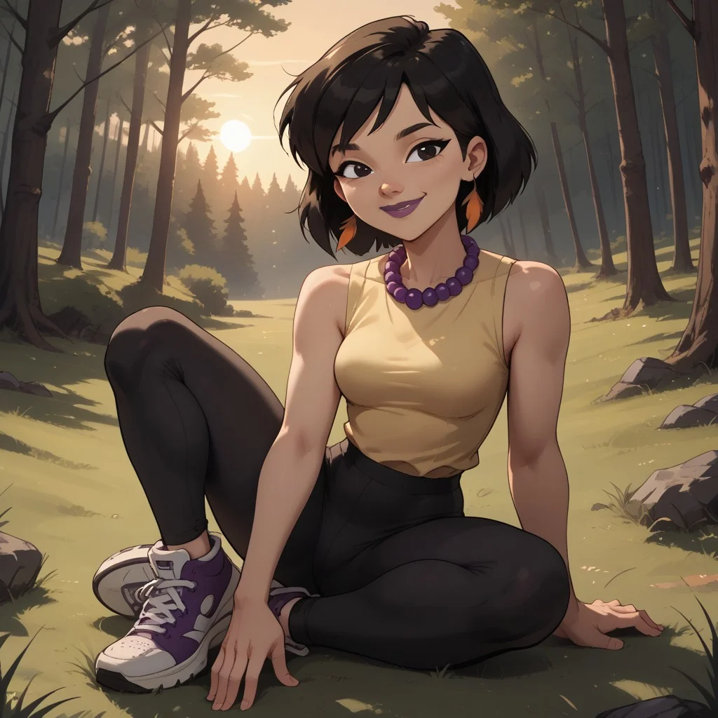 score_9, score_8, BREAK, solo, black hair, black eyes, purple lips, purple necklace, feather earrings, sleeveless shirt, leggings, sneakers, total drama, Sky_(\Total_Drama\), cute, tdpi, sexy pose, smile, outdoors, sunlight, shadows, evening lighting, natural lighting, forest, trees, grass, orange sky, sunset