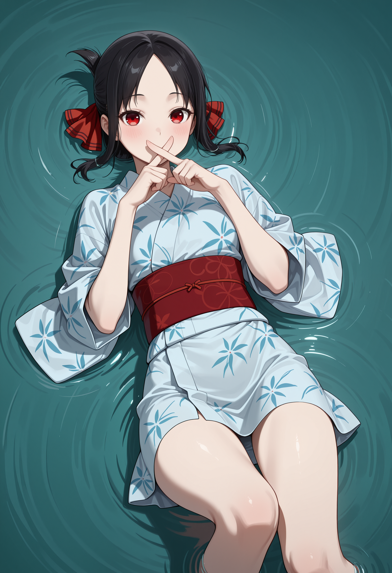 masterpiece, best quality, highres, absurdres, very awa, 1girl, solo, folded ponytail, parted bangs, black hair, no pupils, hair ribbon, red ribbon, yukata, kimono, water, partially submerged, afloat, shallow water, ripples, lying, on back, knees up, red eyes, obi, looking at viewer, print kimono, japanese clothes, short kimono, x fingers, covered mouth, hands up