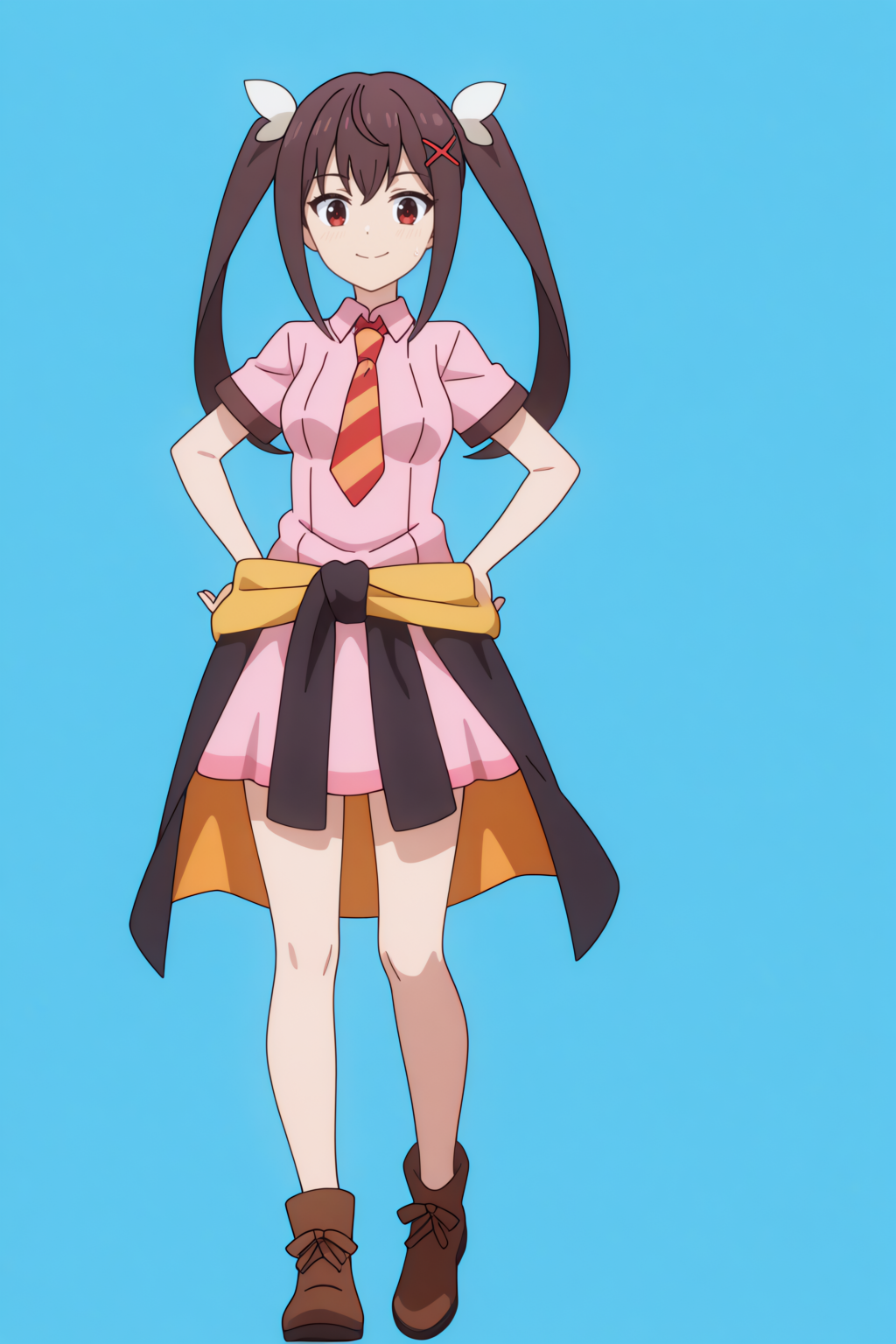 full body,  Funifura, x hair ornament, long hair, twintails, clothes around waist, striped necktie, pink dress <lora:Konosuba_Bakuen_-_Funifura_-_illustrious:0.8>