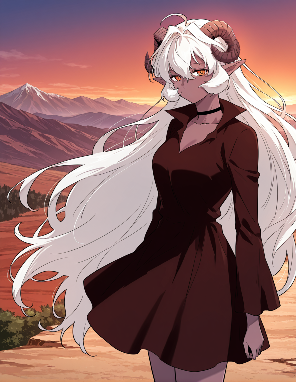 <lora:Artanis__The_Greatest_Estate_Designer__Illustrious:1>
1 girl, solo, demon girl, colored skin, dark skin, dark-skinned female, horns, demon horns, curled horns, pointy ears, orange eyes, white hair, very long hair,bangs, ahoge, hair between eyes, 
brown dress, black choker, collarbone, barefoot, long sleeves
score_9, score_8_up, score_7_up, source anime, BREAK,  cowboy shot, (from side), looking back, looking at viewer, overlooking mountain, high altitude, scenery, exterior, background, (solo), perfect hands