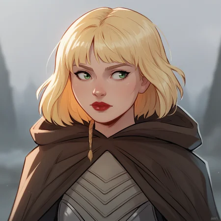 score_9_up, score_8_up, BREAK, ShinHati, 1girl, solo, blonde hair, short hair, green eyes, lipstick, armor, cloak, upper body, <lora:ShinHati_PXL_Leaf1:0.8>, depth of field,