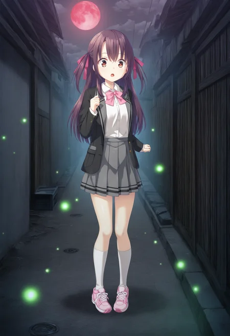 masterpiece,best quality,amazing quality,absurdres,aesthetic,newest,
yakumoazusa \(haison\),brown eyes,brown hair, open mouth, :o, surprised, wide-eyed,
long hair, hair between eyes, two side up, sidelocks,
standing, hand up, clenched hand, arm at side, pigeon-toed,
red hair ribbon, open jacket, black notched lapel jacket, long sleeves, sleeves past wrists, button \(fastener\), pink bowtie, white wing collar shirt, shirt tucked in, grey pleated miniskirt, white kneehighs, pink sneakers
abandoned village,traditional japanese village,alley,fog,dark,horror_\(theme\), cloudy_sky, black_cloud,red moon,glowing fireflies,water refection,
<lora:yakumo_azusa_vpred10_v11:0.9000000000000001>