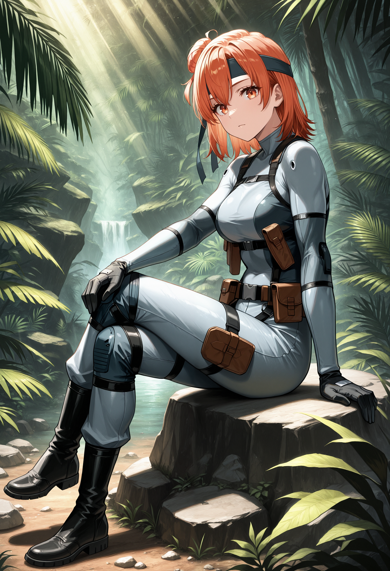 masterpiece, best quality, 1girl, solo, medium hair, orange hair, single side bun, hair between eyes, dark blue headband, grey bodysuit, harness, solidsnk, jungle, outdoors, rainforest, nature, (fern), light rays, sitting, from side, full body, crossed legs, reclining, belt pouch, black gloves, black boots, rock, sitting on rock, looking at viewer, orange eyes, hand on own knee
