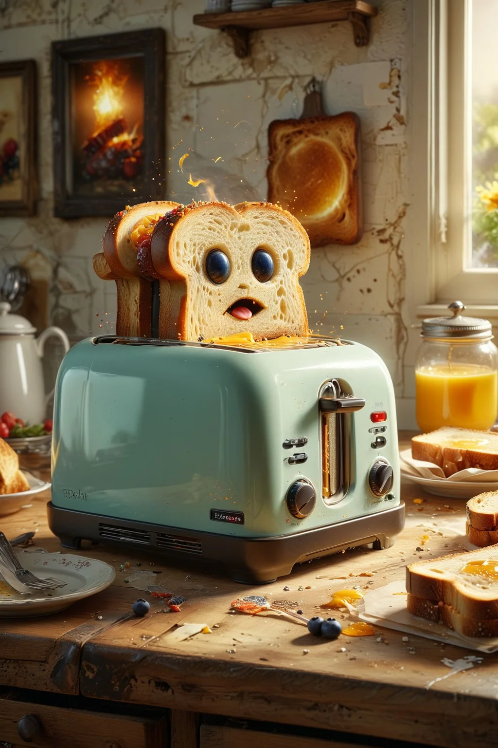 A toaster popping out toast with a surprised expression, captioned: "When you're just trying to make breakfast, but life keeps toasting you."
many details, extreme detailed, full of details,
Wide range of colors. Insane quality. Insane resolution. Insane details. Masterpiece. 32k resolution.
<lora:MJ52:0.18>
<lora:xl_more_art-full_v1:0.35>
<lora:ral-cltc:0.1> ral-cltc <lora:ral-anmwrlds-sdxl:0.3> ral-anmwrlds <lora:SDXLFaeTastic2400:0.2> <lora:WildcardX-XL-Detail-Enhancer:0.5> <lora:zavy-mthcl-sdxl:0.2>
<lora:ral-dissolve:0.25> ral-dissolve <lora:ral-porcelain:0.4> ral-porcelain