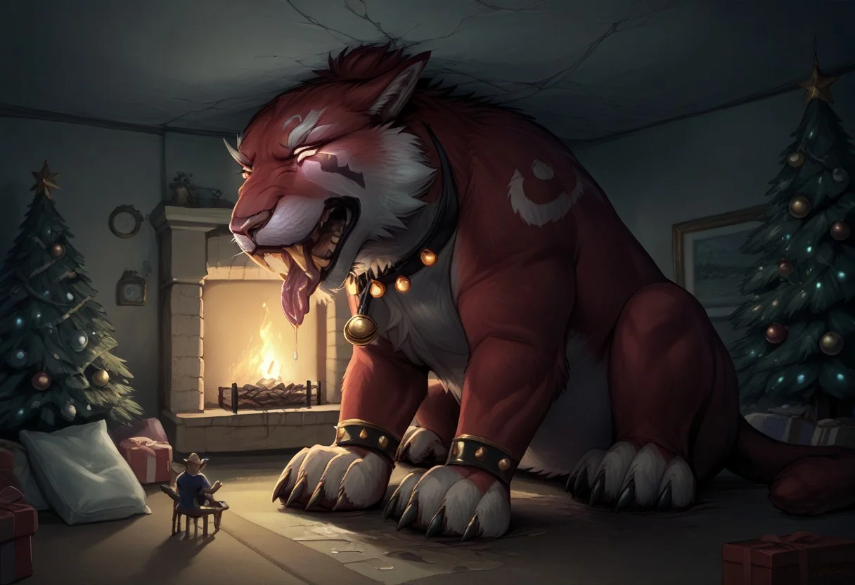zPDXL3, score_9, score_8_up, score_7_up, score_6_up, CatFormWoW, Feral,panther,cat,fangs,necklace,body fur,front shoulder markings, tail, glowing eyes,cat eyes,tail,long cat ears, Redfur, chubby, bodysizegrowth,(((feral))), looking at viewer, face focus, closeup, dutch angle, side view, angle view, aggressive look, mouth shot, mawshot, open mouth, vore, imminent vore, oral invitation, saliva, thick saliva, excessive saliva, drool, giantess, giant,body growth, full body view, saliva string, tongue, throat, detailed eyes, christmas tree, christmas gifts, christmas wreath, fireplace in background, christmas, christmas decorations, pillows, smug expression, open legs, side view, 4 toes,room filling,cracked ceiling,back against ceiling