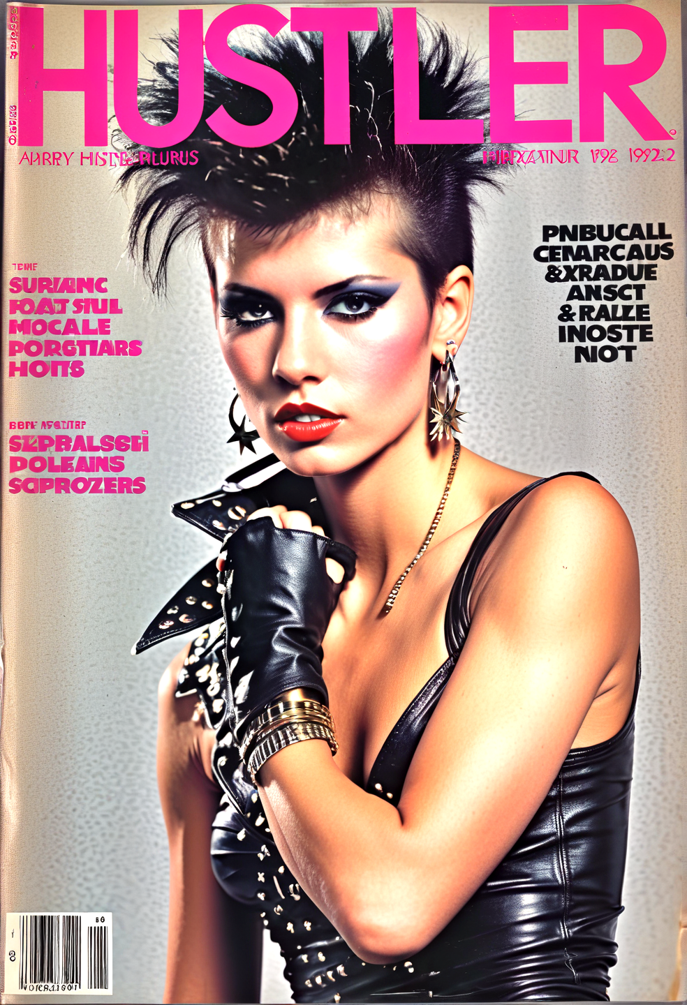 Sophisticated sensual tableaus, this hustler magazine cover,1girl as punk rockstar, sey pistols,mowhawk, sexy pose,  january 1982 ,upper body, masterpiece, (portrait:1.1),80s,,, elevates eroticism to aesthetic heights, every image a seducing sublime masterpiece.