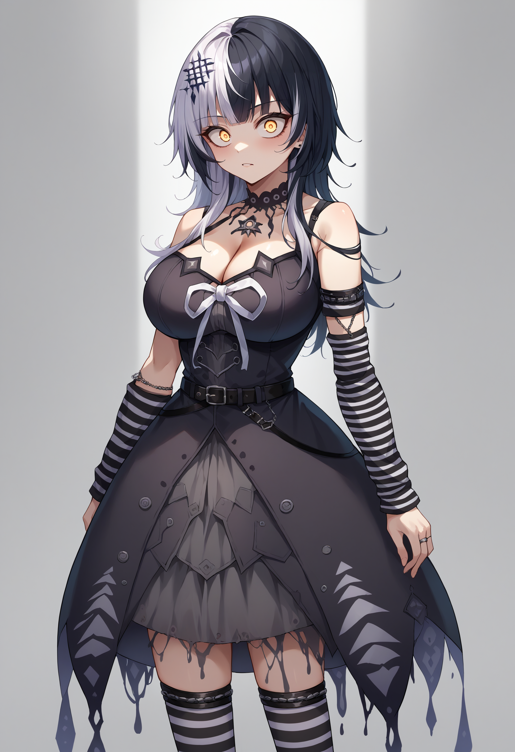 score_9, score_8_up, source_anime, 1girl, solo, ShioriBase, split-color hair, white hair, black hair, yellow eyes, hair ornament, lace choker, black dress, layered dress, sleeveless, cleavage, chest belt, white ribbon, black belt, striped thighhigh, fishnet socks, mismatched legwear, arms strap, arm warmers, crazy eyes, glowing eyes, large breasts, <lora:ChamShioriNovellaPonyXLCame-000008:1>