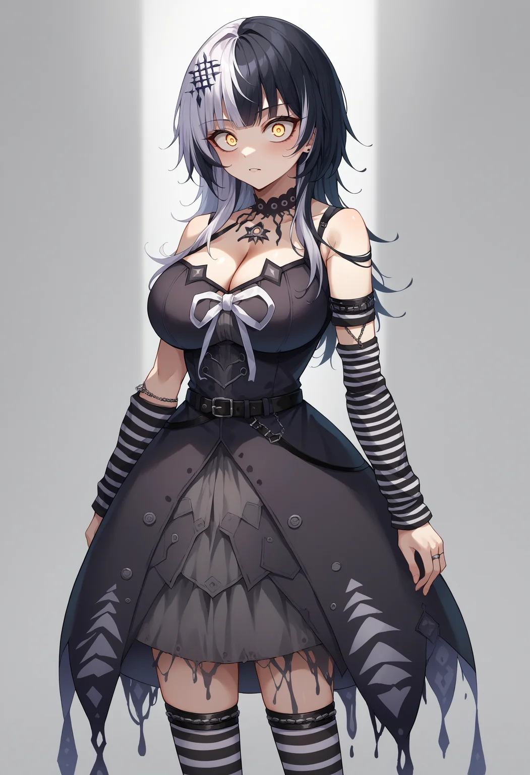 score_9, score_8_up, source_anime, 1girl, solo, ShioriBase, split-color hair, white hair, black hair, yellow eyes, hair ornament, lace choker, black dress, layered dress, sleeveless, cleavage, chest belt, white ribbon, black belt, striped thighhigh, fishnet socks, mismatched legwear, arms strap, arm warmers, crazy eyes, glowing eyes, large breasts, <lora:ChamShioriNovellaPonyXLCame-000008:1>