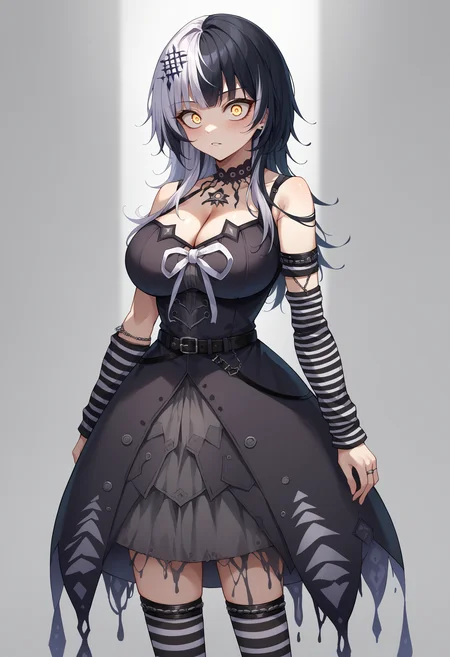 score_9, score_8_up, source_anime, 1girl, solo, ShioriBase, split-color hair, white hair, black hair, yellow eyes, hair ornament, lace choker, black dress, layered dress, sleeveless, cleavage, chest belt, white ribbon, black belt, striped thighhigh, fishnet socks, mismatched legwear, arms strap, arm warmers, crazy eyes, glowing eyes, large breasts, <lora:ChamShioriNovellaPonyXLCame-000008:1>