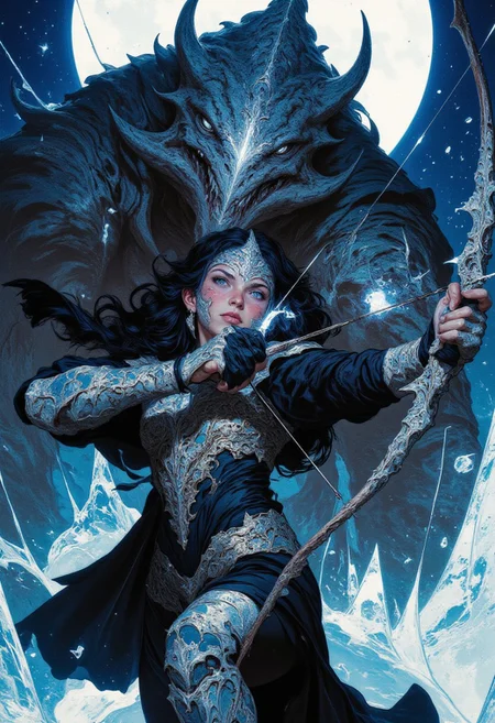 A hyper-realistic, nightmarish fantasy composition showcases a breathtakingly fierce, curvaceous huntress with piercing amethyst eyes and deep violet war paint streaking her high cheekbones. Her raven hair is woven with sharp, silvered feathers, each one enchanted to hum with the whisper of ancient spirits. She wears an intricate black leather bodysuit laced with glowing runes, accentuating her deadly elegance. The moonlit battlefield around her is a frozen wasteland, icy winds howling through jagged, crystalline spires that jut from the earth like the fangs of some forgotten colossus. Behind her, her monstrous companion—a massive warg with pitch-black fur and six glowing white eyes—snarls, its breath forming mist in the frigid air. The beast’s elongated fangs drip with a shimmering, arcane venom, and its silver-plated armor gleams under the full moon’s ghostly glow. The huntress nocks a black-feathered arrow, her lips curling into a confident smirk as she locks onto an unseen foe, poised to unleash death beneath the pale, haunting light.