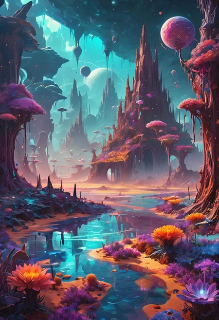 Imagine a vast, surreal alien world where vibrant environments blend seamlessly. In the foreground, a geometric garden bursts with colossal flowers shaped like cubes and pyramids, inhabited by whimsical creatures with crystalline bodies and iridescent wings.
To the left, a shimmering crystal forest rises under a sky filled with swirling galaxies and multiple moons, while a toxic swamp bubbles with iridescent waters and gnarled trees with neon yellow bark lurks on the right.
Floating islands of unique geometric shapes hover above, connected by bridges of pure light, surrounded by fractal mountains in deep red and teal. A bioluminescent desert stretches out, its glowing sand contrasting with an alien ocean shimmering with every color, home to strange aquatic creatures.
The sky is a cosmic masterpiece of deep purples and electric blues, dotted with multiple suns and pulsing geometric clouds. The air is thick with a glowing mist, and bizarre creatures of all shapes inhabit this vibrant, living landscape, creating an ultimate alien dreamscape that defies reality.
style of greg rutkowski,janek sedlar,jenny saville:0]  <lora:vivid_everclear:0.35>  <lora:Sinozick:0.35>  <lora:MJ52:0.35>