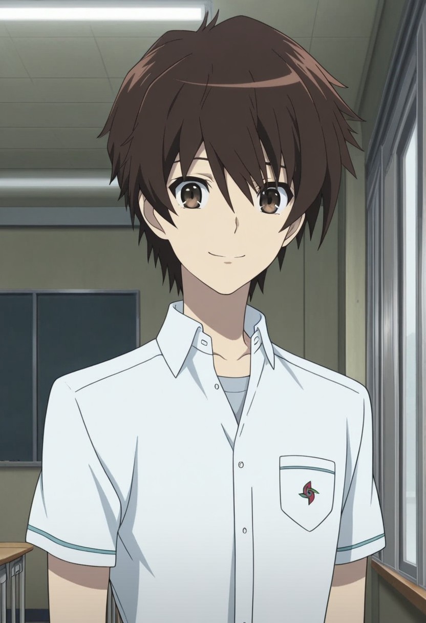 masterpiece,best quality,amazing quality, source_anime,
KoichiSakakibara, 1boy, male focus, solo, brown eyes, brown hair, school uniform, shirt, white shirt, collared shirt, short sleeves, smile,