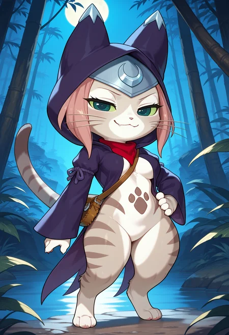 [Tsukino IL showcase::0] masterpiece, best quality, Tsukino \(Monster Hunter Stories\), female furry, felyne, brown fur, two tone fur, pink hair, green eyes, colored sclera, cat tail, pawprint marking, whiskers, digitigrade, purple robe, animal hood, red neckerchief, forehead protector, satchel, bottomless, shortstack, medium breasts,
Standing, hand on own hip, smug, half-closed eyes, looking at viewer,
detailed background, jungle, (moonlight:1.2), dark, blue night, outside, backlighting,
<lora:TsukinoIL_v2:1.0>