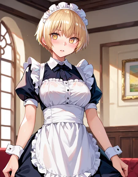 score_9, score_8_up, score_7_up, source_anime, anime screencap, anime coloring, masterpiece, best quality, traditional media, uncensored, 1girl, solo, (cowboy shot:1.2), shina kitajima, yellow eyes, blonde hair, short hair, bangs, medium breasts, maid clothes, maid, black dress, frilled dress, (long dress:1.2), frills, white puffy short sleeves, wrist cuffs, maid headdress, maid aprons, , <lora:Shina Kitajima_Silhouette_Pony:1.0> indoors, embarrassed, parted lips, cute face, shiny body, shiny skin, (skindentation:1.2), clear skin, shiny hair, ultra detailed eyes, depth of field, sharp, (intricate details, hyperdetailed:1.15)