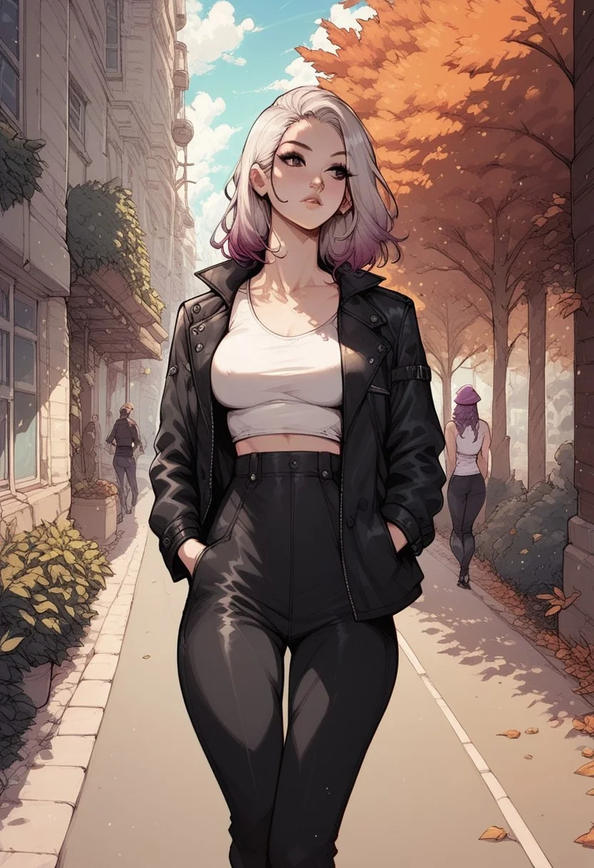 score_9, score_8_up, score_7_up, score_6_up, 1girl,1g0r, Laura, LauraRH, shoulders length hair, straight hair, platinum hair, (violet) gradient hair, dark eyes, cute face, medium breasts, curvy, large hips, pale skin, solo, walking, black leather jacket, white tank top, nipple peek, black leather pants, hands on pocket, street, beanie, autumn scenario, looking away, angled shot, cowboy shot