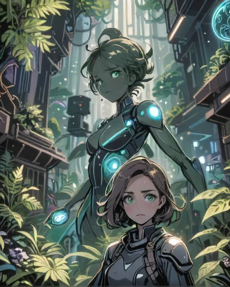 comic style, Awed 1girl, natural colored eyes, Wavy shoulder-length lob hairstyle, dynamic pose, determined expression, <lora:EnvyDramaticPortraitXL02:0.7> , BREAK (style-swirlmagic:0.8), focus on character, portrait, solo, (full body:0.6), looking up, detailed background, detailed face, (<lora:DonMG414XL:0.6>, fully-organic, bioluminescent, DonMG414XL theme:1.1), working, botanist, planters, greenery, magic, green color scheme, wild growth, seeds, ferns, botanical garden in background, magical atmosphere,