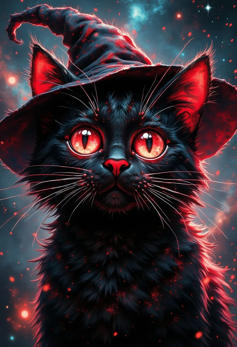 Giant void cat, a cosmic creature wearing a whimsical wizard hat, its captivating eyes filled with swirling galaxies and stars in deep red and black hues. The intense black fur glows with vibrant crimson highlights, creating an ethereal and mystical atmosphere. Surrounded by glowing nebulae swirling like dark shadows, the celestial backdrop is a starry night sky, enhancing the surreal and otherworldly feel. The cat's detailed fur texture sparkles with stardust, and its mysterious, powerful expression radiates a haunting cosmic energy. Ultra-high resolution, (best quality), (high quality